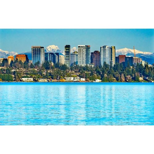 High-rise buildings-Lake Washington and snowcapped Cascade Mountains-Bellevue-Washington State